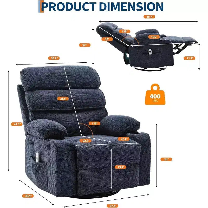 Rocker Recliner, 360 Swivel Linen Glider Chairs, Side Pocket & 2 Cup Holders, for Living Room, Bedroom