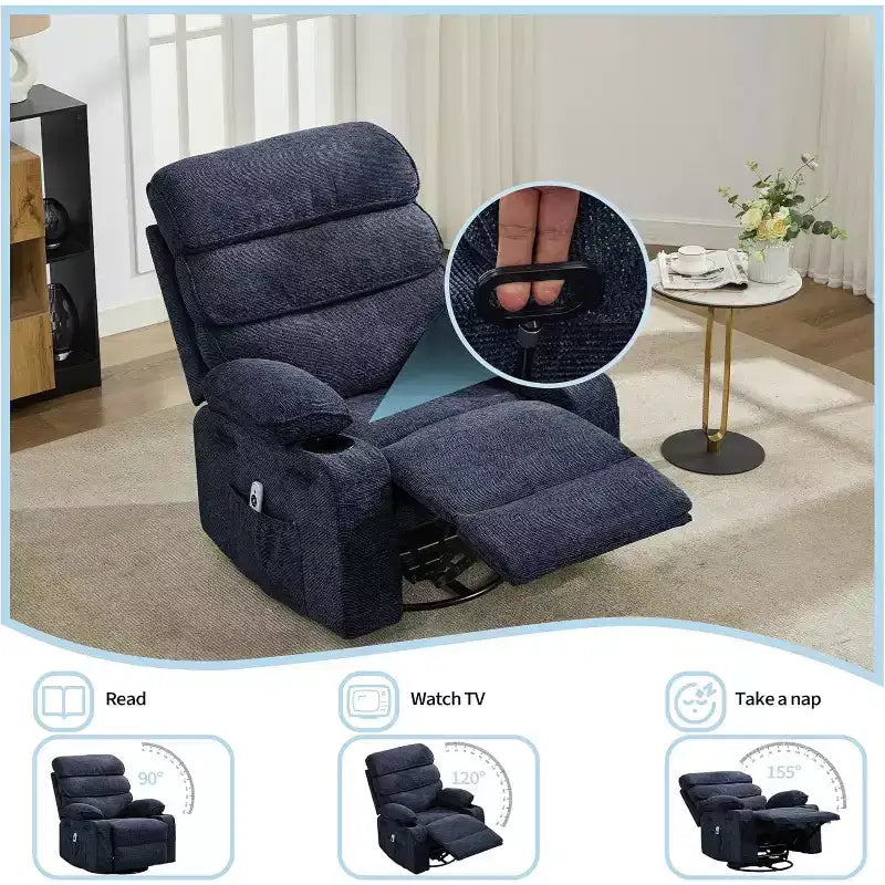 Rocker Recliner, 360 Swivel Linen Glider Chairs, Side Pocket & 2 Cup Holders, for Living Room, Bedroom