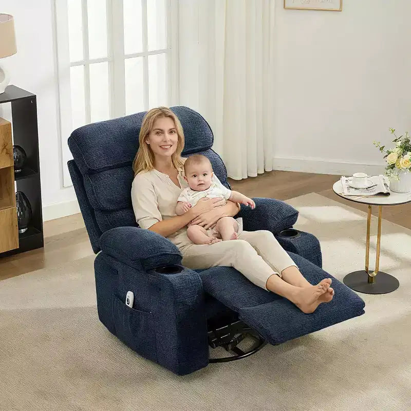 Rocker Recliner, 360 Swivel Linen Glider Chairs, Side Pocket & 2 Cup Holders, for Living Room, Bedroom