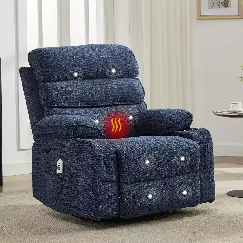 Rocker Recliner, 360 Swivel Linen Glider Chairs, Side Pocket & 2 Cup Holders, for Living Room, Bedroom