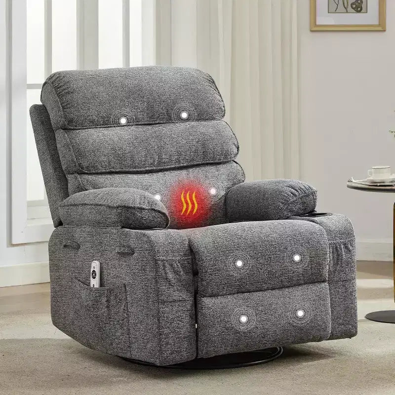 Sillón reclinable mecedora, sillones planeadores de lino giratorios 360, con bolsillo lateral y 2 portavasos, para sala de estar, dormitorio