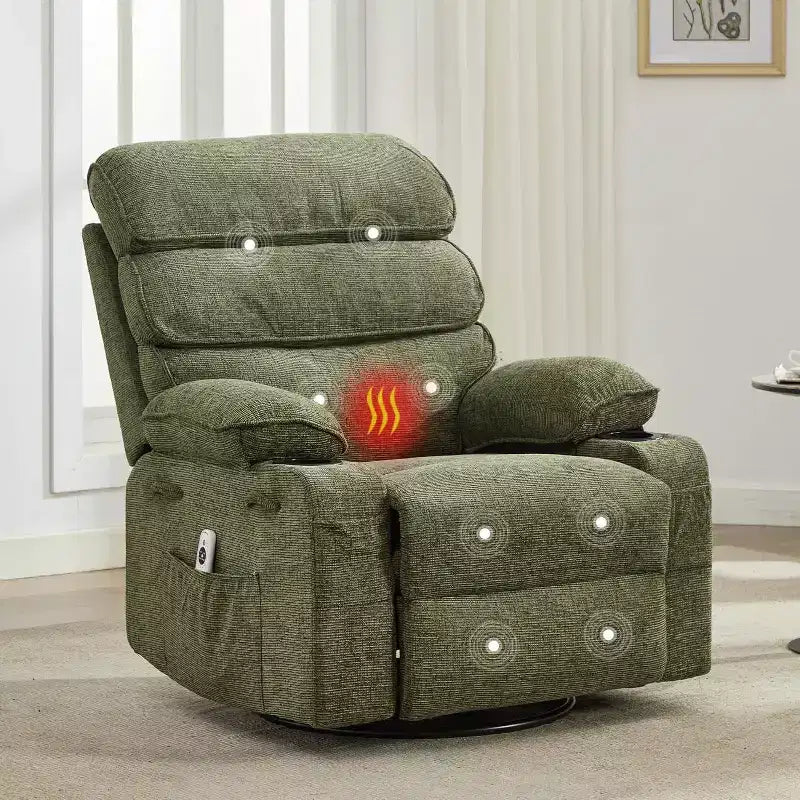 Sillón reclinable mecedora, sillones planeadores de lino giratorios 360, con bolsillo lateral y 2 portavasos, para sala de estar, dormitorio