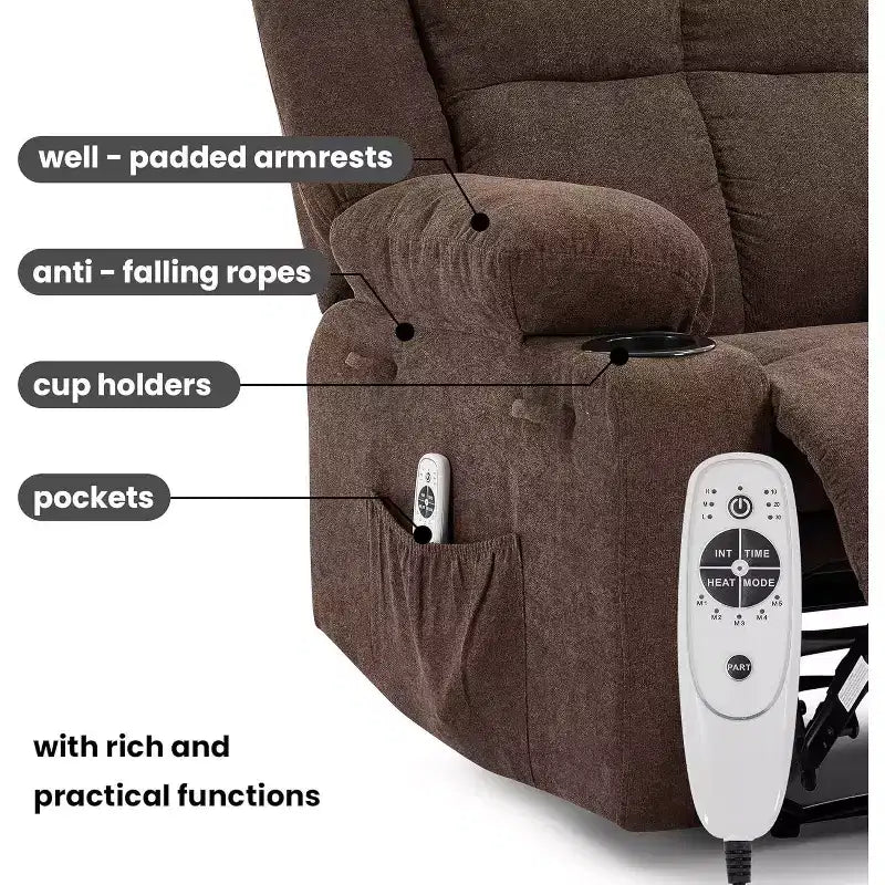 Oversized Massage Recliner Chair, Single Sofa, Side Pocket,2 Cup Holders, Ergonomic Overstuffed Breathable Fabric Reclining Chair, for Living Room