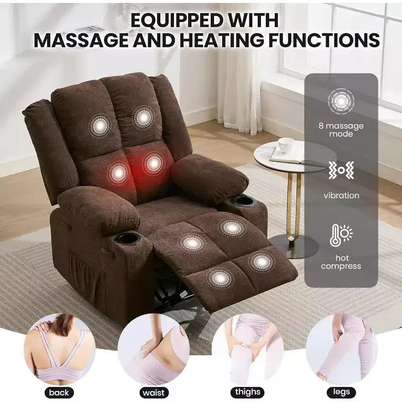 Oversized Massage Recliner Chair, Single Sofa, Side Pocket,2 Cup Holders, Ergonomic Overstuffed Breathable Fabric Reclining Chair, for Living Room