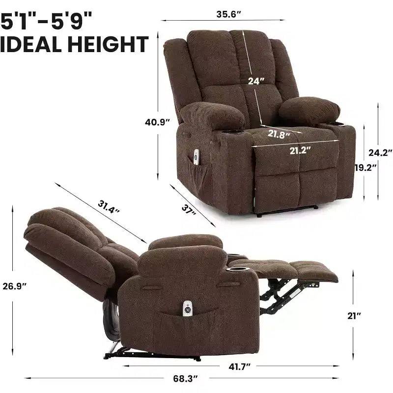 Oversized Massage Recliner Chair, Single Sofa, Side Pocket,2 Cup Holders, Ergonomic Overstuffed Breathable Fabric Reclining Chair, for Living Room