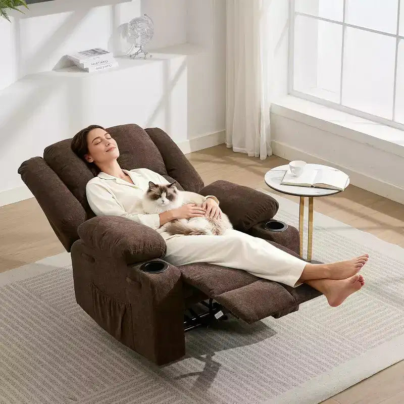 Oversized Massage Recliner Chair, Single Sofa, Side Pocket,2 Cup Holders, Ergonomic Overstuffed Breathable Fabric Reclining Chair, for Living Room