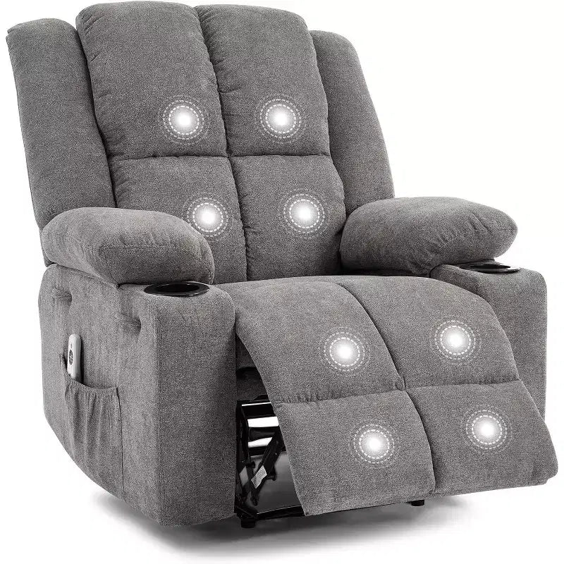 Oversized Massage Recliner Chair, Single Sofa, Side Pocket,2 Cup Holders, Ergonomic Overstuffed Breathable Fabric Reclining Chair, for Living Room