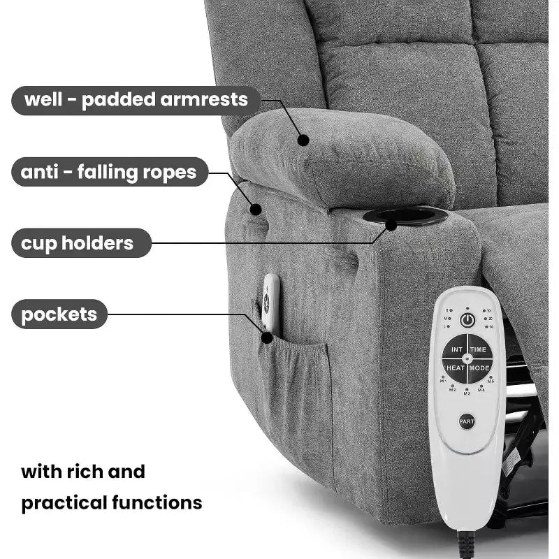 Oversized Massage Recliner Chair, Single Sofa, Side Pocket,2 Cup Holders, Ergonomic Overstuffed Breathable Fabric Reclining Chair, for Living Room