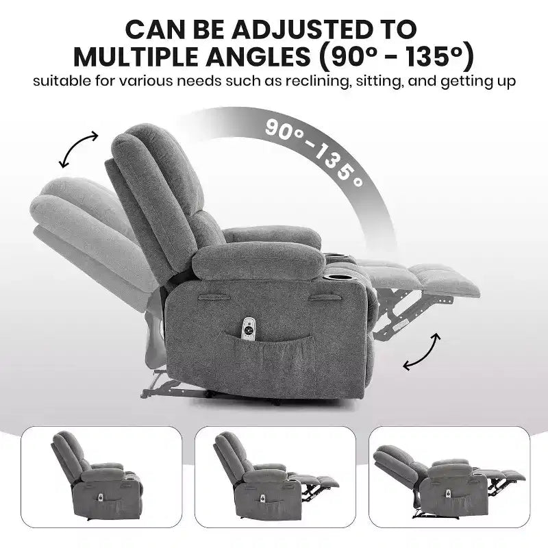 Oversized Massage Recliner Chair, Single Sofa, Side Pocket,2 Cup Holders, Ergonomic Overstuffed Breathable Fabric Reclining Chair, for Living Room