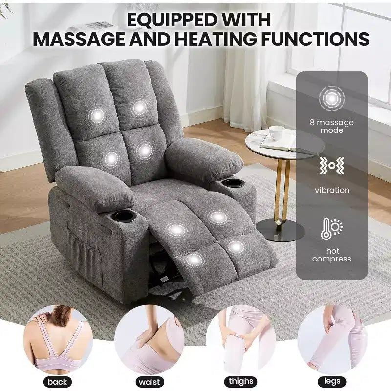 Oversized Massage Recliner Chair, Single Sofa, Side Pocket,2 Cup Holders, Ergonomic Overstuffed Breathable Fabric Reclining Chair, for Living Room