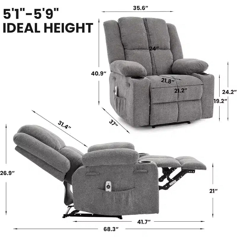 Oversized Massage Recliner Chair, Single Sofa, Side Pocket,2 Cup Holders, Ergonomic Overstuffed Breathable Fabric Reclining Chair, for Living Room