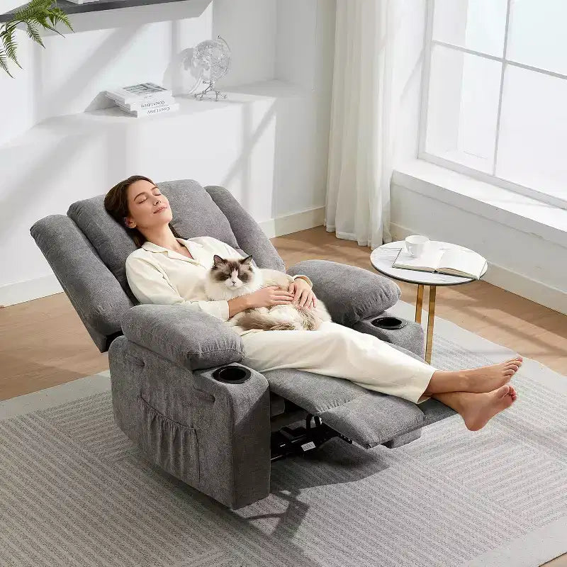 Oversized Massage Recliner Chair, Single Sofa, Side Pocket,2 Cup Holders, Ergonomic Overstuffed Breathable Fabric Reclining Chair, for Living Room