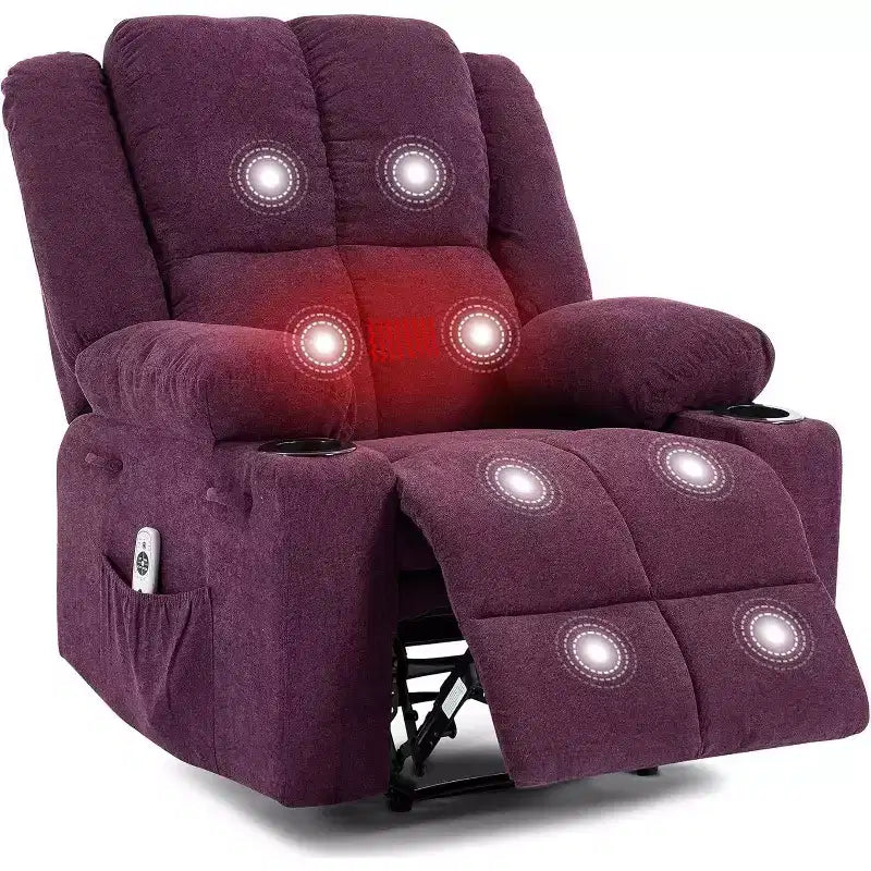 Oversized Massage Recliner Chair, Single Sofa, Side Pocket,2 Cup Holders, Ergonomic Overstuffed Breathable Fabric Reclining Chair, for Living Room