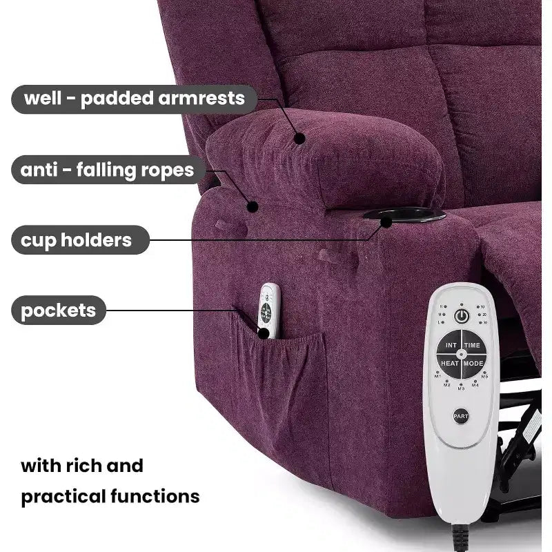 Oversized Massage Recliner Chair, Single Sofa, Side Pocket,2 Cup Holders, Ergonomic Overstuffed Breathable Fabric Reclining Chair, for Living Room