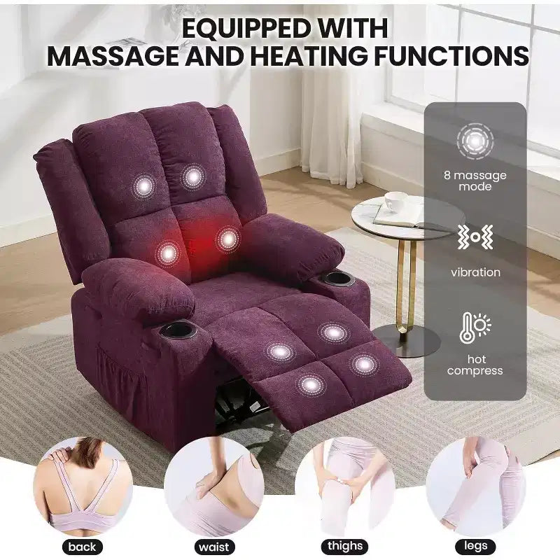 Oversized Massage Recliner Chair, Single Sofa, Side Pocket,2 Cup Holders, Ergonomic Overstuffed Breathable Fabric Reclining Chair, for Living Room