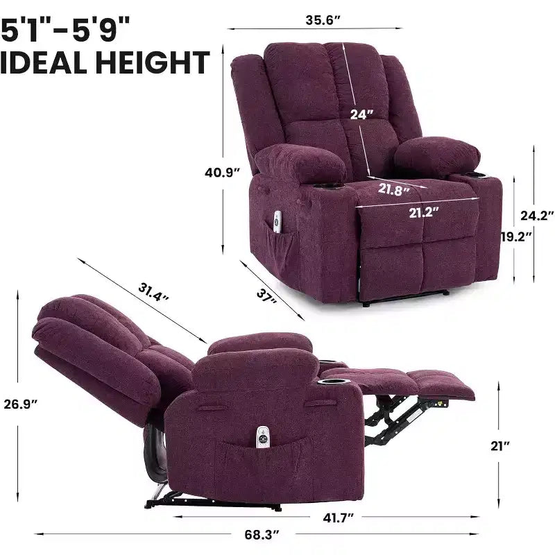 Oversized Massage Recliner Chair, Single Sofa, Side Pocket,2 Cup Holders, Ergonomic Overstuffed Breathable Fabric Reclining Chair, for Living Room