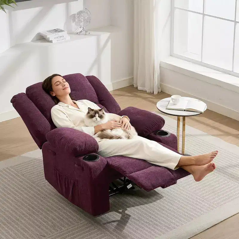 Oversized Massage Recliner Chair, Single Sofa, Side Pocket,2 Cup Holders, Ergonomic Overstuffed Breathable Fabric Reclining Chair, for Living Room