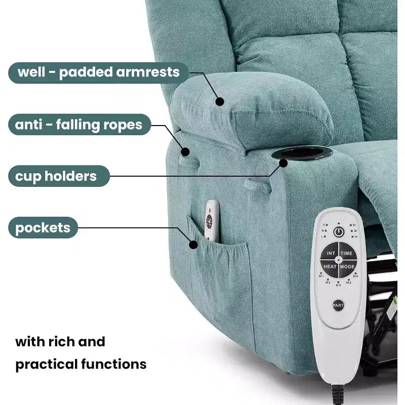 Oversized Massage Recliner Chair, Single Sofa, Side Pocket,2 Cup Holders, Ergonomic Overstuffed Breathable Fabric Reclining Chair, for Living Room