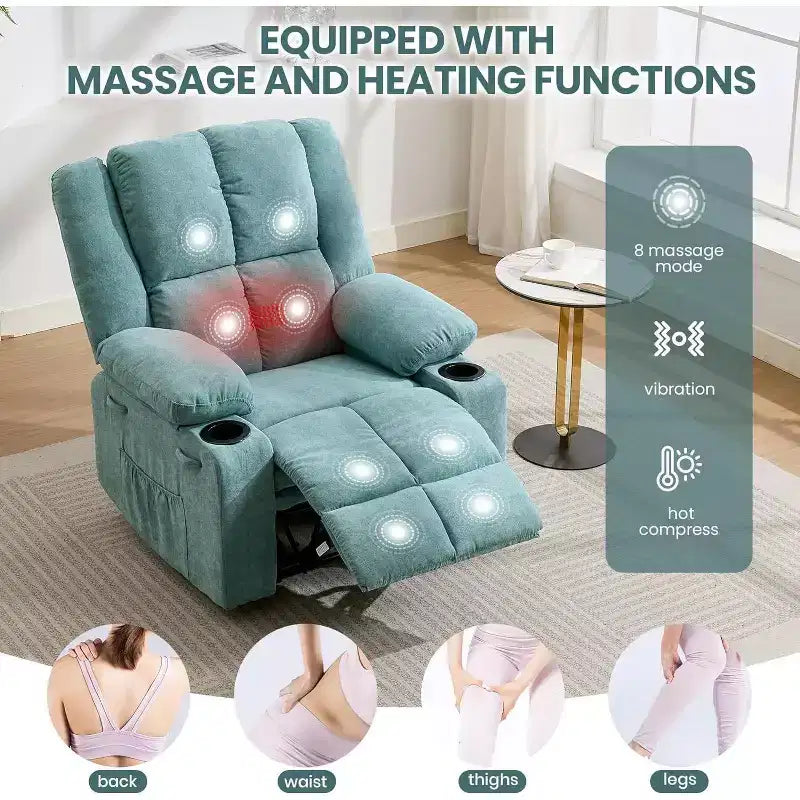 Oversized Massage Recliner Chair, Single Sofa, Side Pocket,2 Cup Holders, Ergonomic Overstuffed Breathable Fabric Reclining Chair, for Living Room