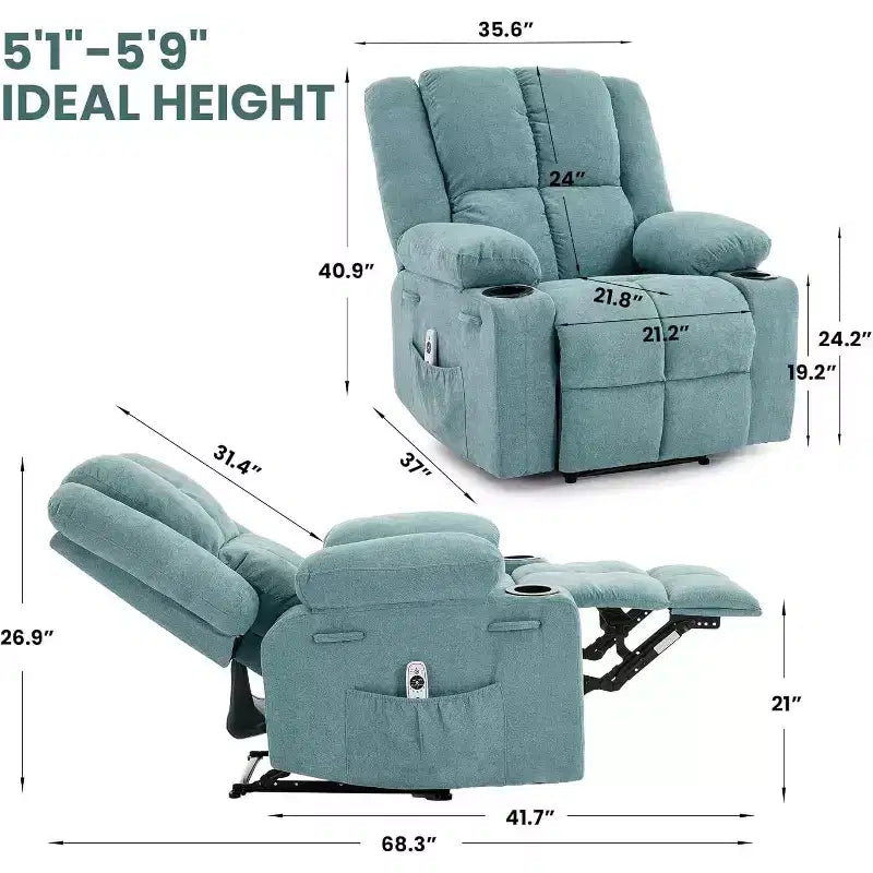 Oversized Massage Recliner Chair, Single Sofa, Side Pocket,2 Cup Holders, Ergonomic Overstuffed Breathable Fabric Reclining Chair, for Living Room