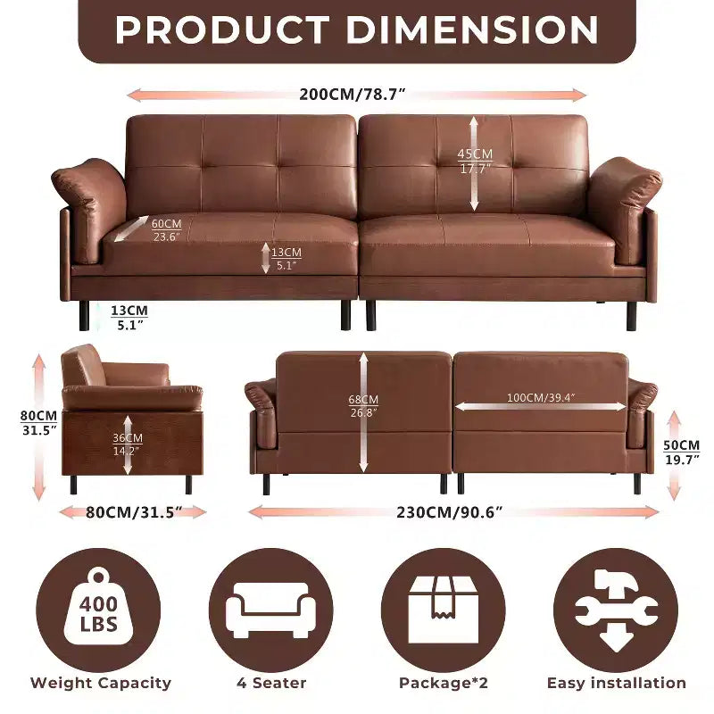 ATJafurn 90Inch Mid Century Modern Brown Leather Couch With Solid Wood Exterior and Hand-Tufted, 4-Seater Retro Leather Sectional Sofa for Living Room