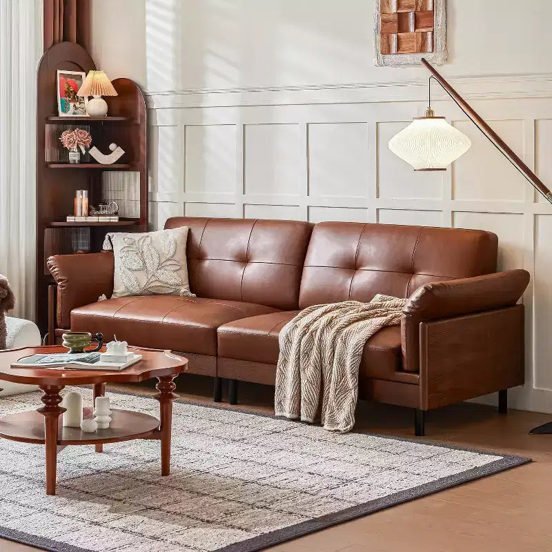 ATJafurn 90Inch Mid Century Modern Brown Leather Couch With Solid Wood Exterior and Hand-Tufted, 4-Seater Retro Leather Sectional Sofa for Living Room