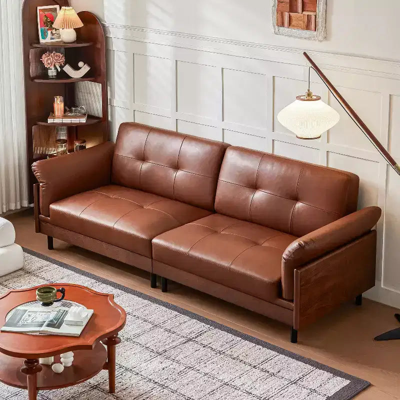 ATJafurn 90Inch Mid Century Modern Brown Leather Couch With Solid Wood Exterior and Hand-Tufted, 4-Seater Retro Leather Sectional Sofa for Living Room
