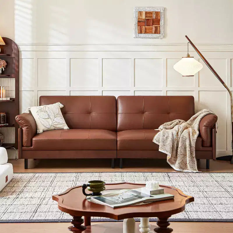 ATJafurn 90Inch Mid Century Modern Brown Leather Couch With Solid Wood Exterior and Hand-Tufted, 4-Seater Retro Leather Sectional Sofa for Living Room