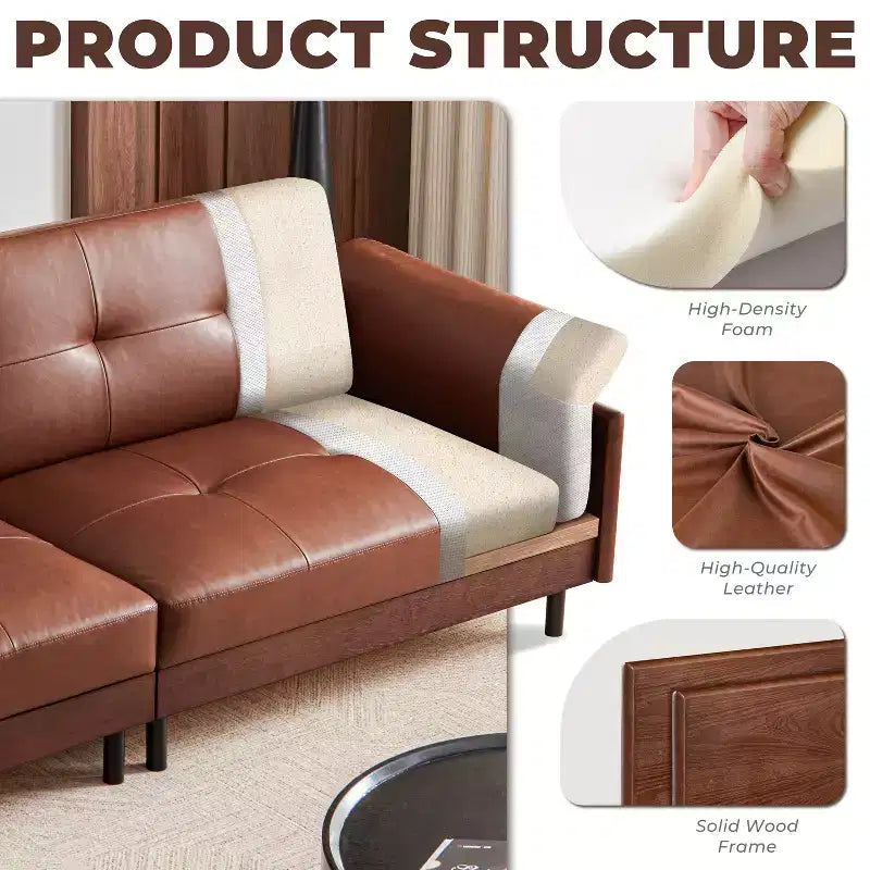 ATJafurn 90Inch Mid Century Modern Brown Leather Couch With Solid Wood Exterior and Hand-Tufted, 4-Seater Retro Leather Sectional Sofa for Living Room