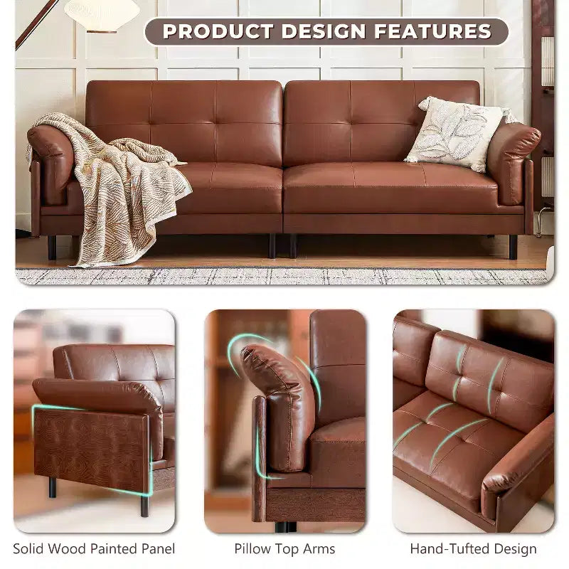 ATJafurn 90Inch Mid Century Modern Brown Leather Couch With Solid Wood Exterior and Hand-Tufted, 4-Seater Retro Leather Sectional Sofa for Living Room