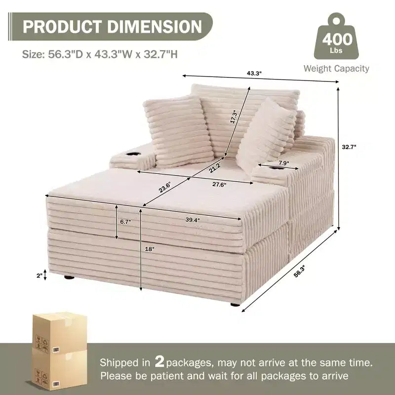 Oversized Chaise Lounge Chair Indoor, Upholstered Corduroy Sofa, Bed Cloud Couch, 3 Pillows, Single Sleeper Sofa, for Living Room, Bedroom