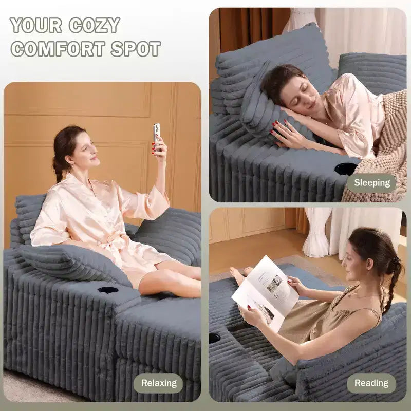 Oversized Chaise Lounge Chair Indoor, Upholstered Corduroy Sofa, Bed Cloud Couch, 3 Pillows, Single Sleeper Sofa, for Living Room, Bedroom