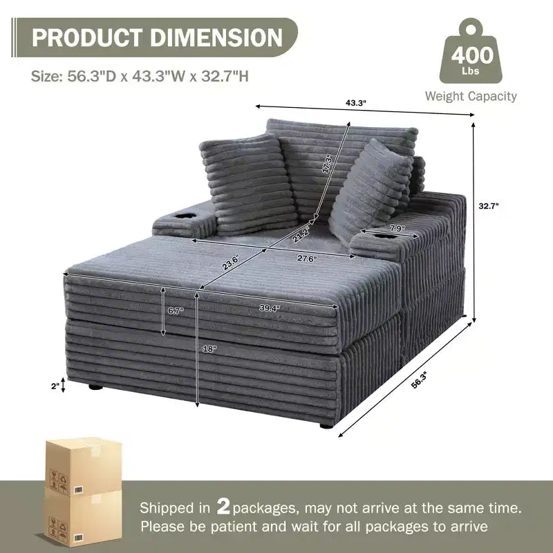 Oversized Chaise Lounge Chair Indoor, Upholstered Corduroy Sofa, Bed Cloud Couch, 3 Pillows, Single Sleeper Sofa, for Living Room, Bedroom