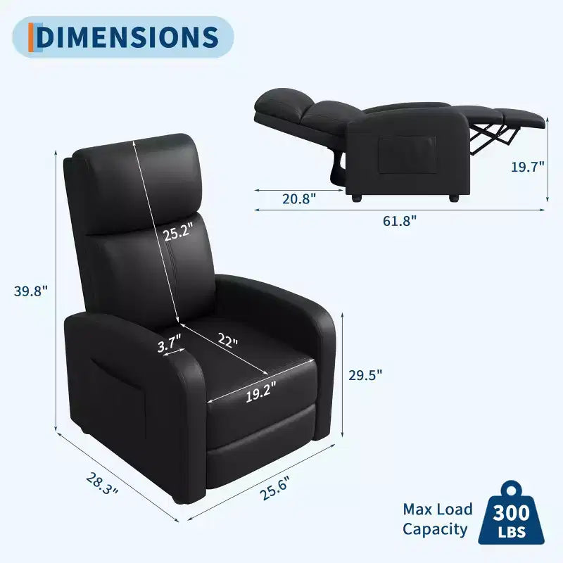 PU Leather Recliner Chair, Lazy Single Seater with Side Pocket, Tall Back & Wide Padded Arms, Home Theater Seat for Living Room, Bedroom
