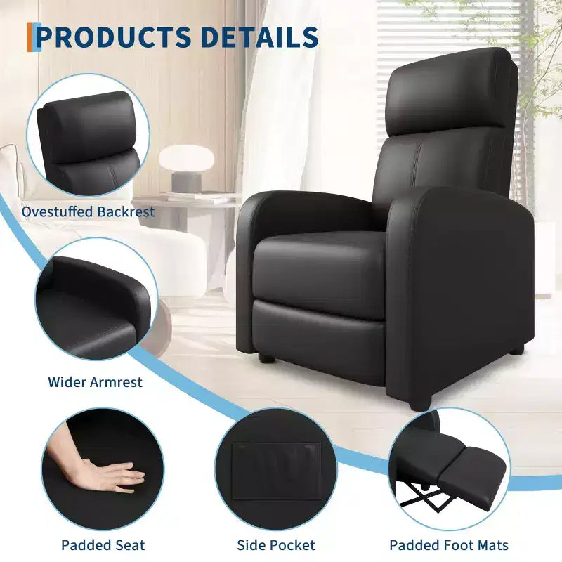 PU Leather Recliner Chair, Lazy Single Seater with Side Pocket, Tall Back & Wide Padded Arms, Home Theater Seat for Living Room, Bedroom