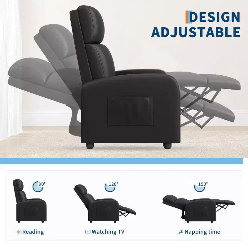 PU Leather Recliner Chair, Lazy Single Seater with Side Pocket, Tall Back & Wide Padded Arms, Home Theater Seat for Living Room, Bedroom