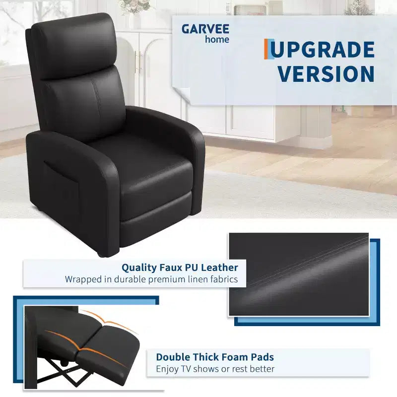 PU Leather Recliner Chair, Lazy Single Seater with Side Pocket, Tall Back & Wide Padded Arms, Home Theater Seat for Living Room, Bedroom