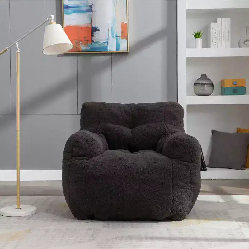 Sillón Tipo Puf Grande Gris Oscuro con Bolsillo Lateral, Tumbona de Suelo de Peluche para Adultos, Ideal para Jugar y Leer