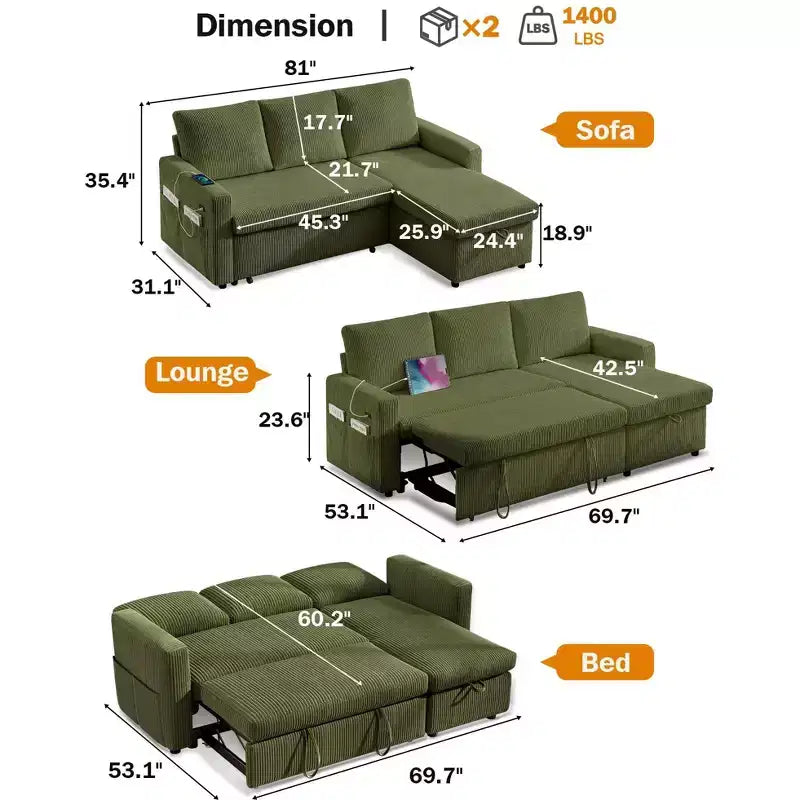 Dyonery 81 Sleeper Sofa Bed, L Shaped Sectional Couch with Pull Out Bed, Reclining Backrest, Reversible Storage Chaise, USB Ports