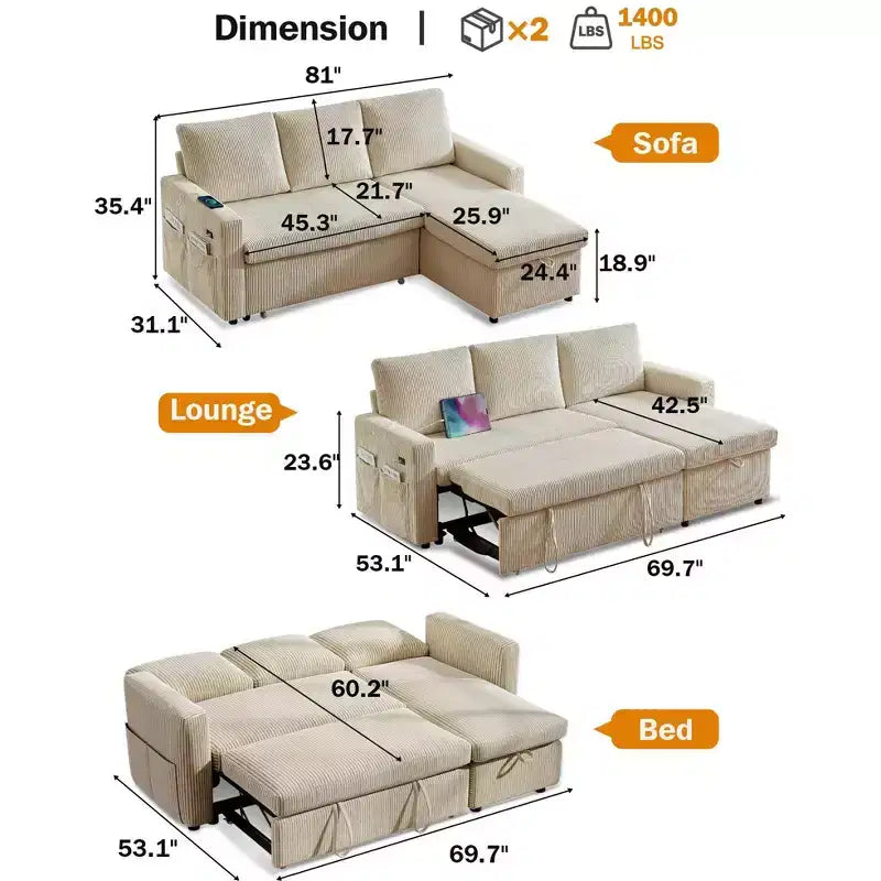 Dyonery 81 Sleeper Sofa Bed, L Shaped Sectional Couch with Pull Out Bed, Reclining Backrest, Reversible Storage Chaise, USB Ports