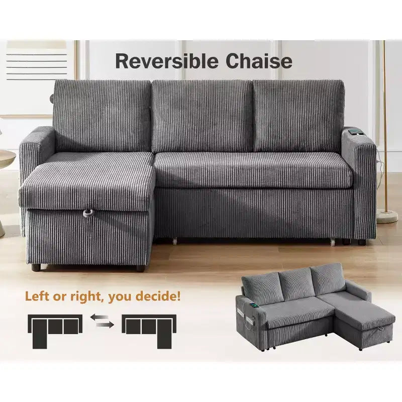 Dyonery 81 Sleeper Sofa Bed, L Shaped Sectional Couch with Pull Out Bed, Reclining Backrest, Reversible Storage Chaise, USB Ports