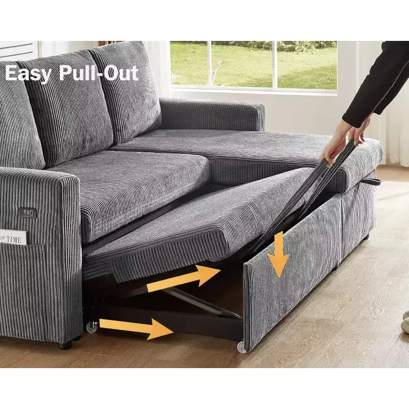 Dyonery 81 Sleeper Sofa Bed, L Shaped Sectional Couch with Pull Out Bed, Reclining Backrest, Reversible Storage Chaise, USB Ports