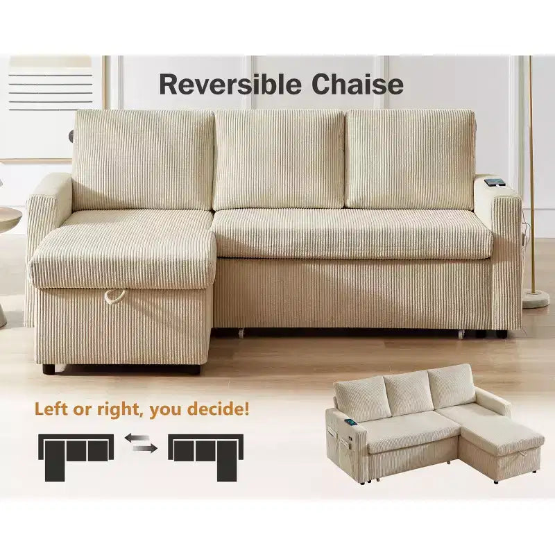Dyonery 81 Sleeper Sofa Bed, L Shaped Sectional Couch with Pull Out Bed, Reclining Backrest, Reversible Storage Chaise, USB Ports