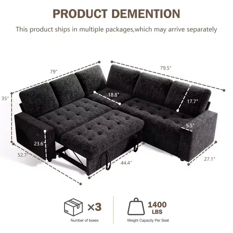 Dyonery 85 Modular Sectional Sofa with Pull Out Bed, Chenille L Shaped 5 Seat Couch with USB Ports, Adjustable Backrest & Storage