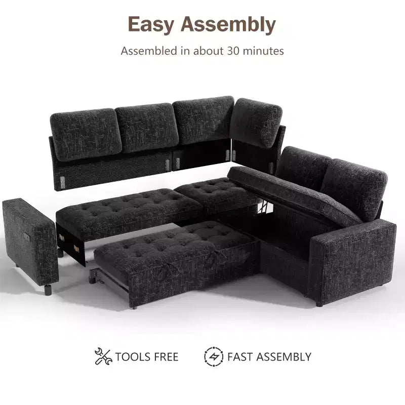 Dyonery 85 Modular Sectional Sofa with Pull Out Bed, Chenille L Shaped 5 Seat Couch with USB Ports, Adjustable Backrest & Storage