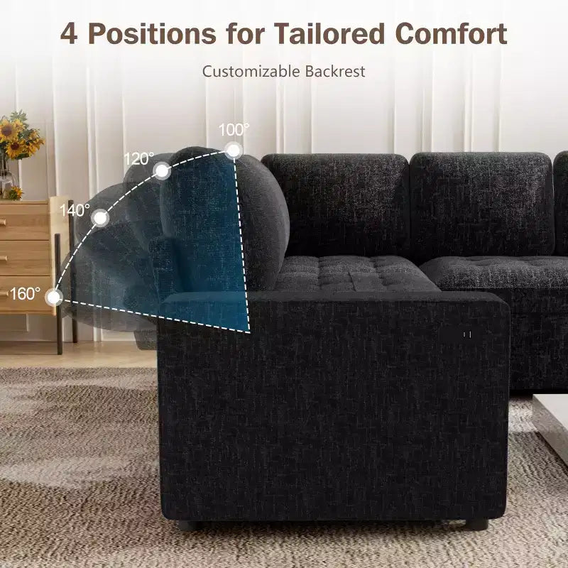 Dyonery 85 Modular Sectional Sofa with Pull Out Bed, Chenille L Shaped 5 Seat Couch with USB Ports, Adjustable Backrest & Storage
