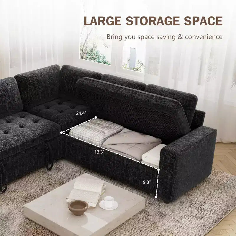 Dyonery 85 Modular Sectional Sofa with Pull Out Bed, Chenille L Shaped 5 Seat Couch with USB Ports, Adjustable Backrest & Storage
