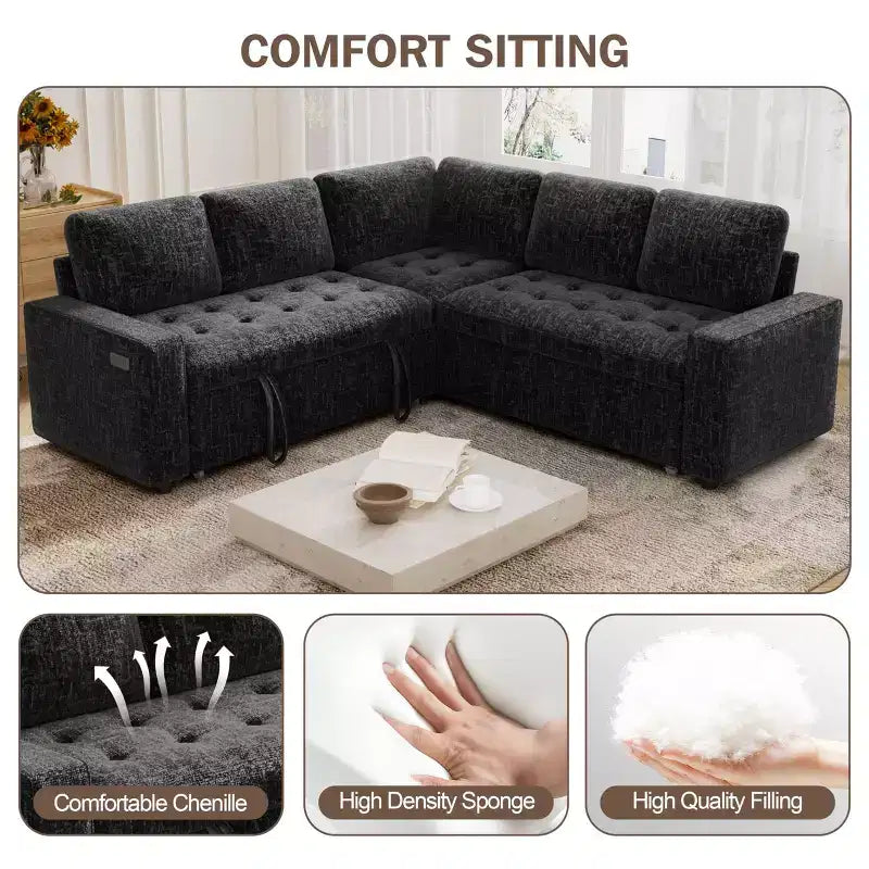 Dyonery 85 Modular Sectional Sofa with Pull Out Bed, Chenille L Shaped 5 Seat Couch with USB Ports, Adjustable Backrest & Storage