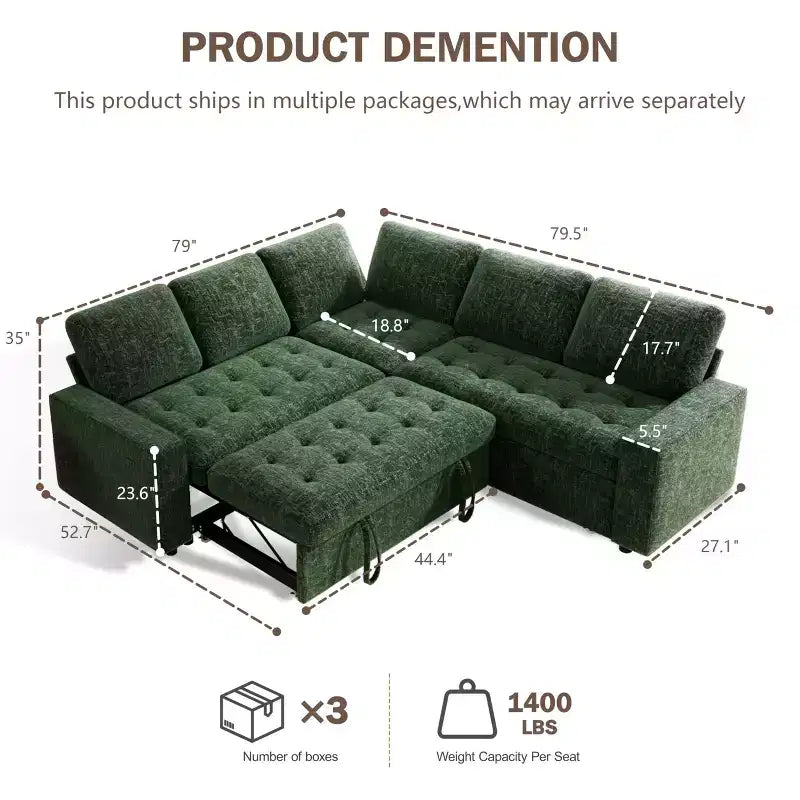 Dyonery 85 Modular Sectional Sofa with Pull Out Bed, Chenille L Shaped 5 Seat Couch with USB Ports, Adjustable Backrest & Storage