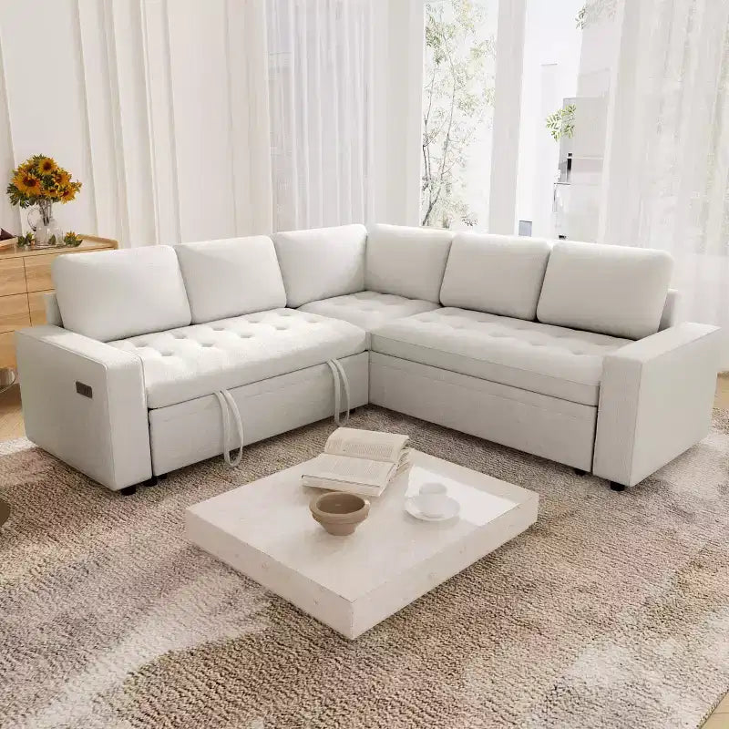 Dyonery 85 Modular Sectional Sofa with Pull Out Bed, Chenille L Shaped 5 Seat Couch with USB Ports, Adjustable Backrest & Storage